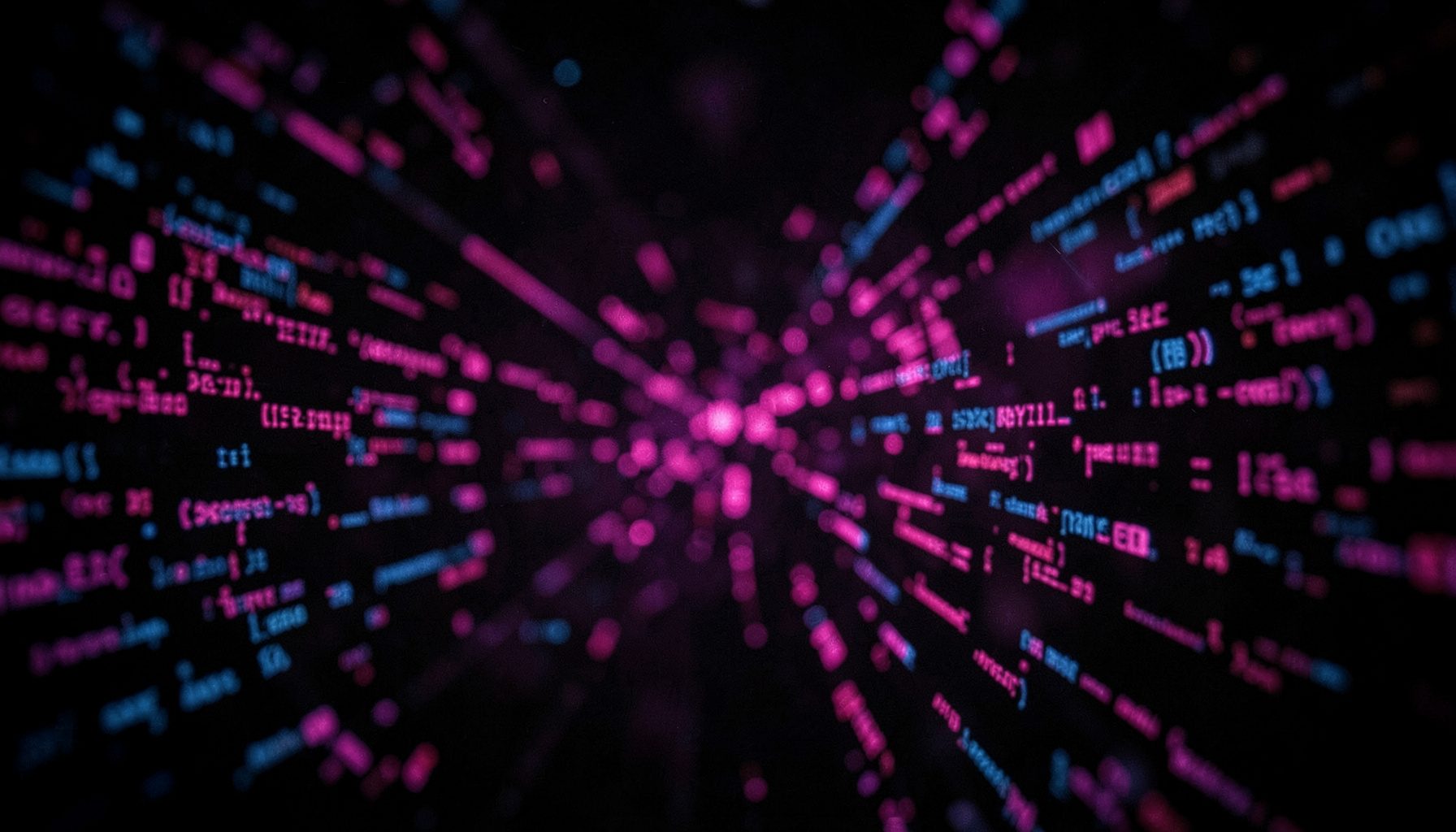 Dark abstract background with glowing pink and blue code-like geometric patterns suggesting digital creativity