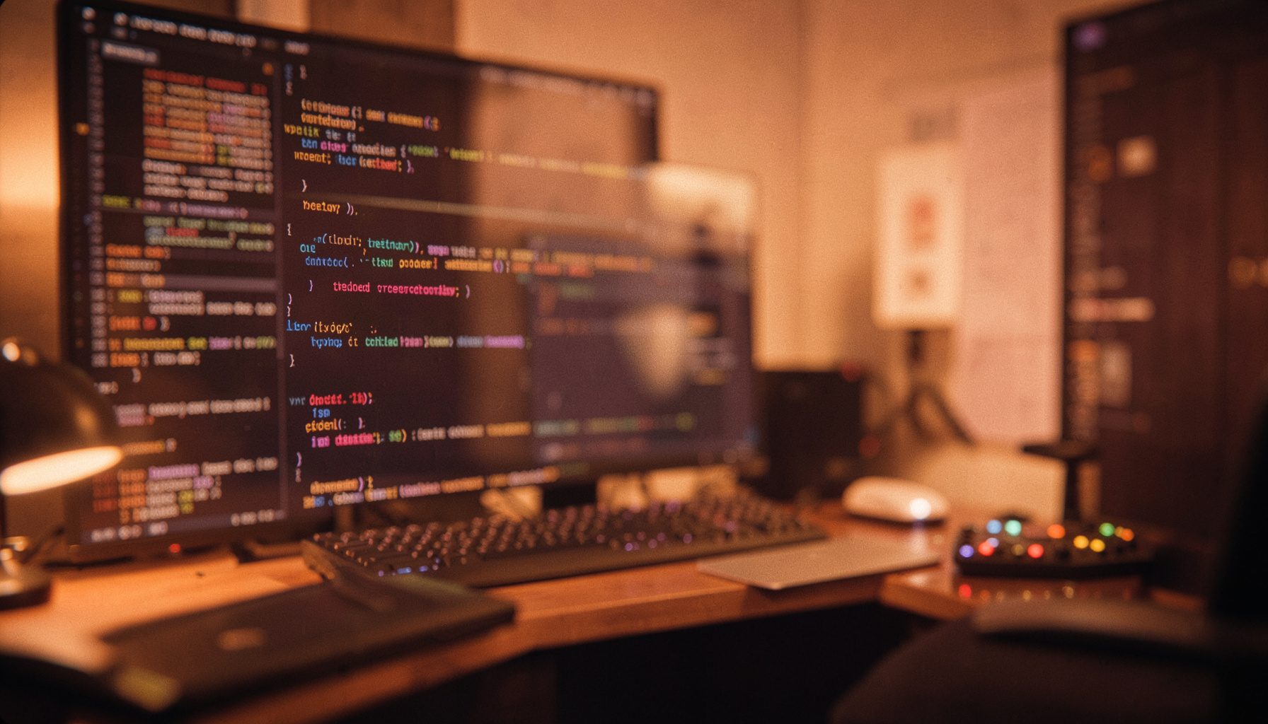 Warm-toned abstract code and design workspace with soft browns and oranges, cinematic wide frame