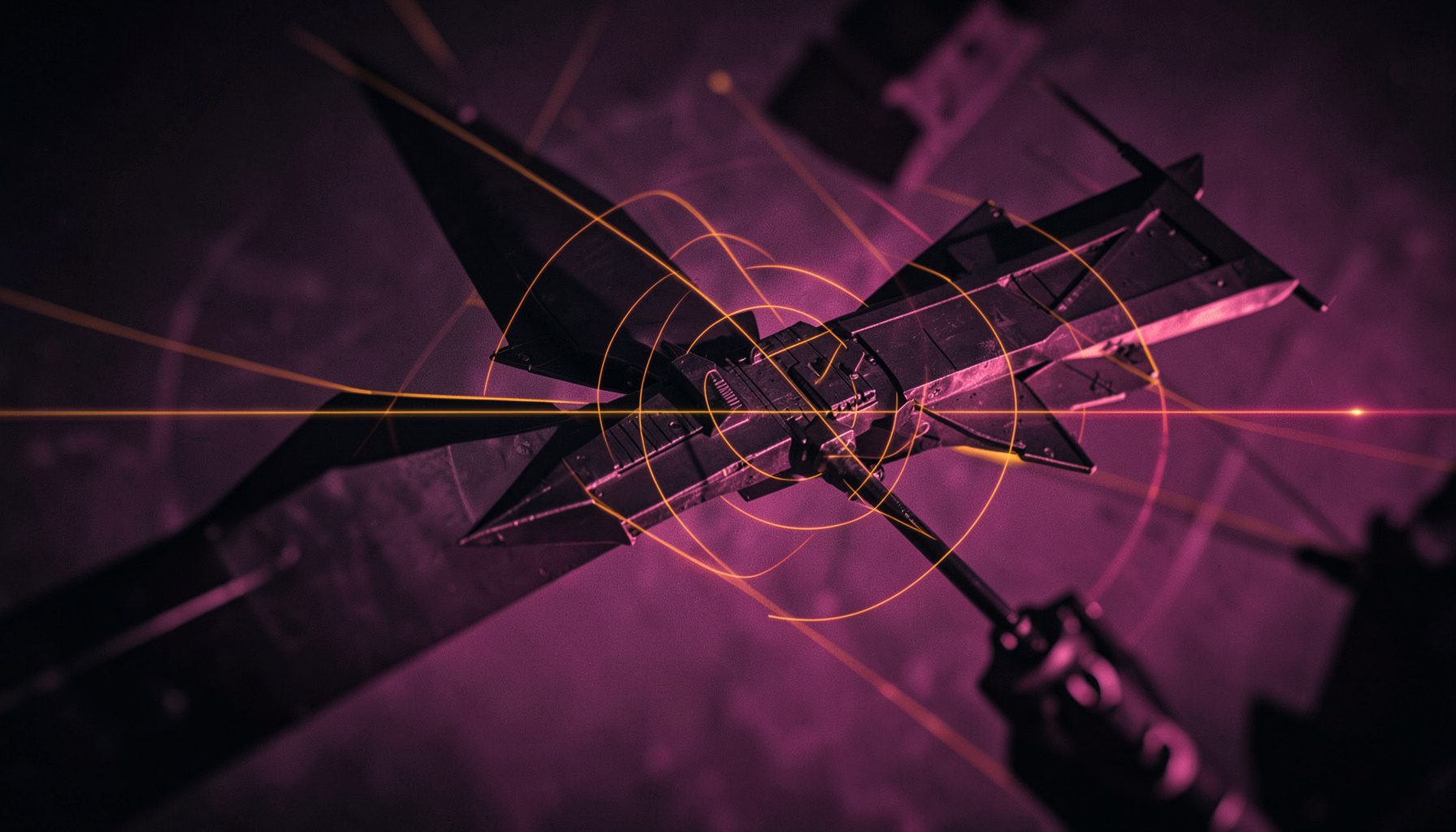 Dark technical illustration with angular weapon-like shapes and glowing orange targeting lines